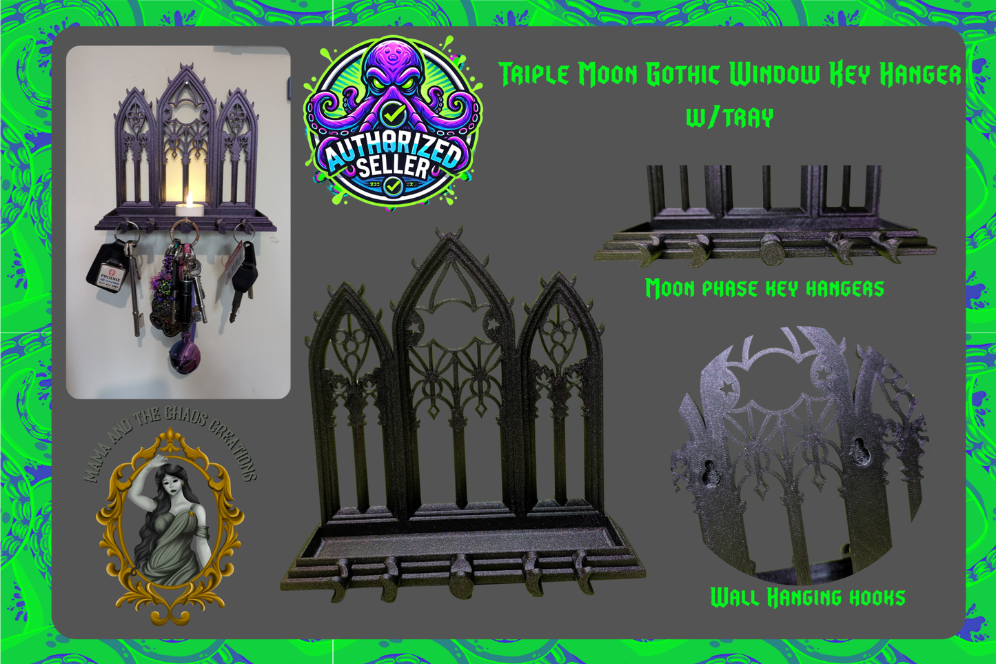 Triple moon gothic window key hanger w/ tray